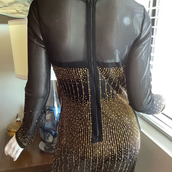 Sheer Gold-Beaded Long-Sleeve Midi Dress - Picture 7 of 10